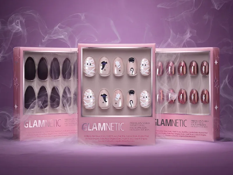 Three Glamnetic Halloween press-on nail boxes in purple smoke