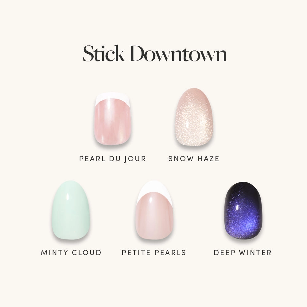 Stick Downtown nail menu: Pearl Du Jour, Snow Haze, Minty Cloud, Petite Pearls and Deep Winter