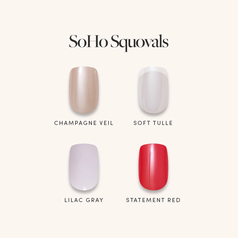 SoHo Squovals nail menu: Champagne Veil, Soft Tulle, Lilac Gray and Statement Red