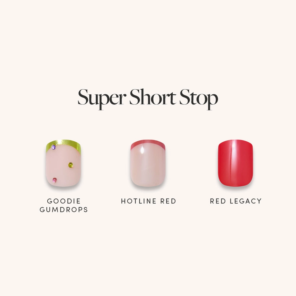 Super Short Stop nail menu: Goodie Gumdrops, Hotline Red and Red Legacy