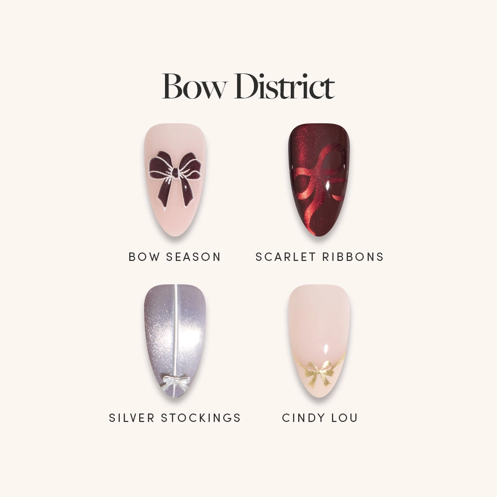 Bow District nail menu: Bow Season, Scarlet Ribbons, Silver Stockings and Cindy Lou