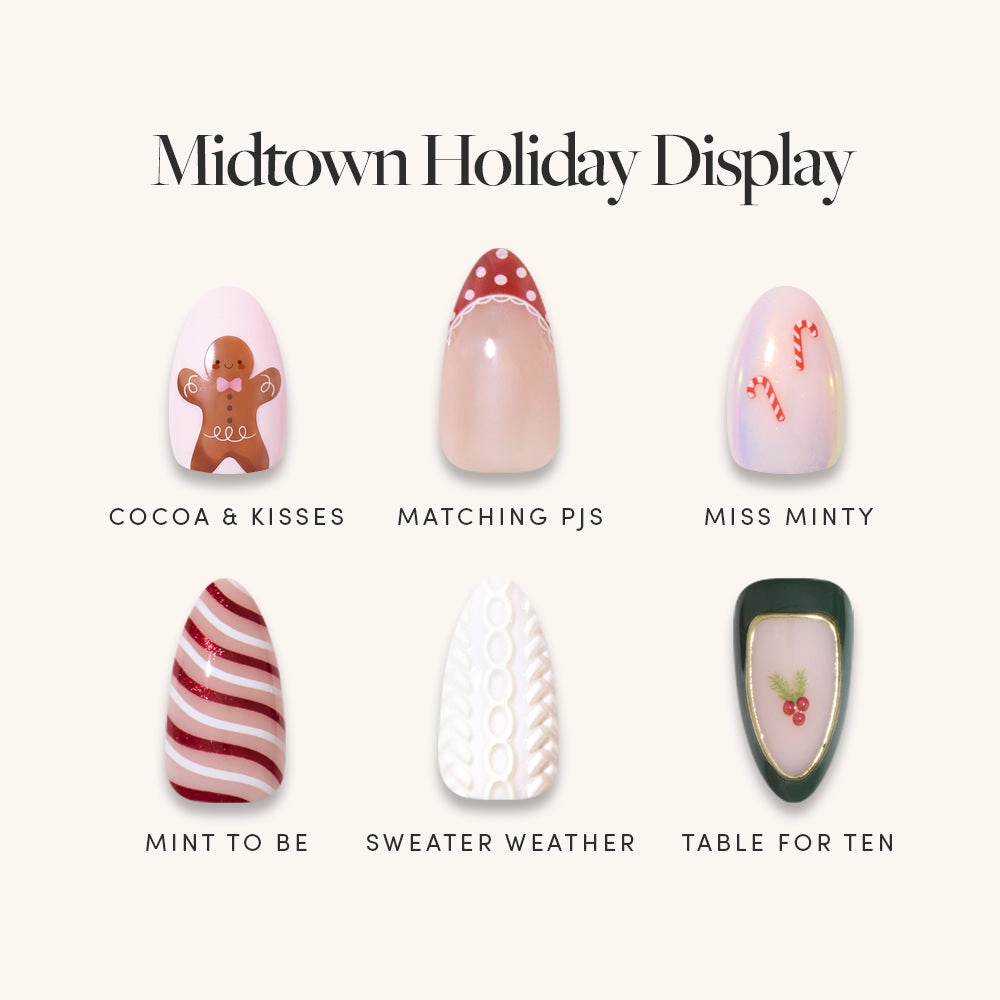 Midtown Holiday Display nail menu: Cocoa & Kisses, Matching PJs, Miss Minty, Mint to Be, Sweater Weather and Table for Ten