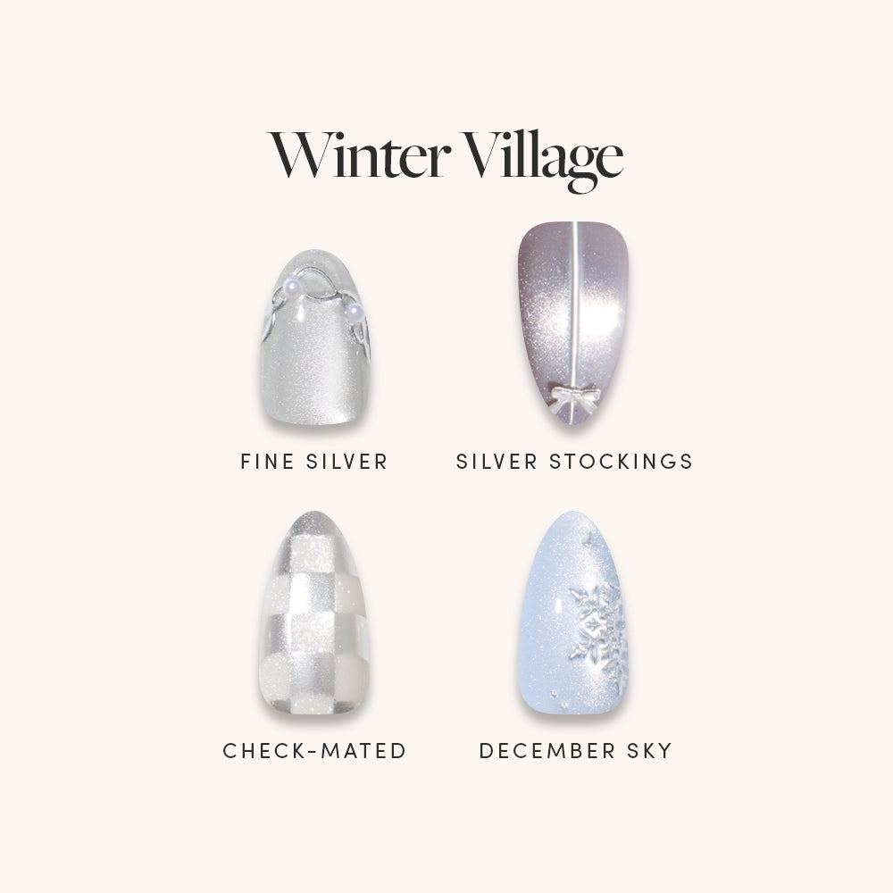 Winter Village nail menu: Fine Silver, Silver Stockings, Check-Mated and December Sky