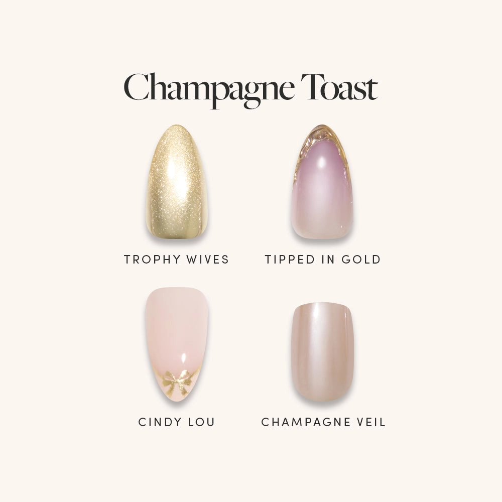 Champagne Toast nail menu: Trophy Wives, Tipped in Gold, Cindy Lou and Champagne Veil