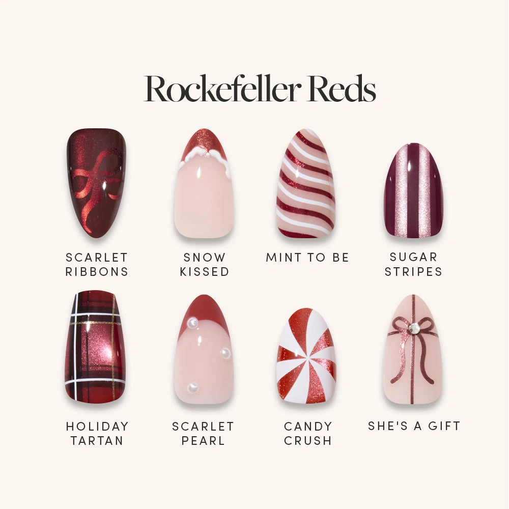 Rockefeller Reds nail menu: eight red press-on nail designs