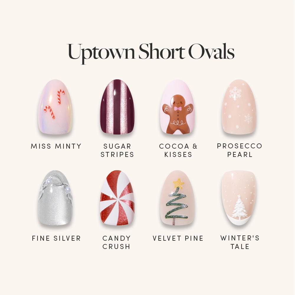 Uptown Short Ovals nail menu: eight short oval press-on nail designs
