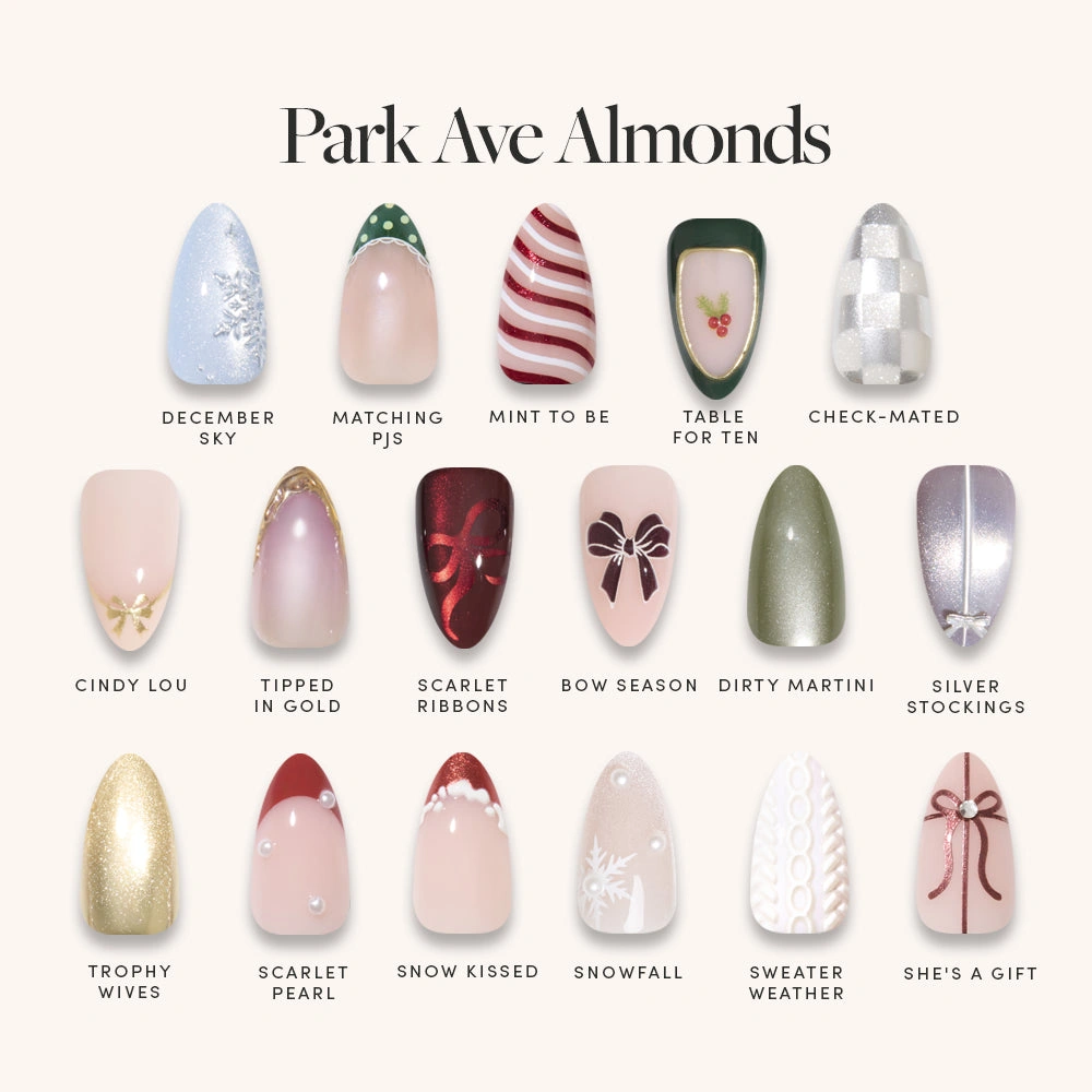 Park Avenue Almonds nail menu: seventeen short almond press-on nail designs