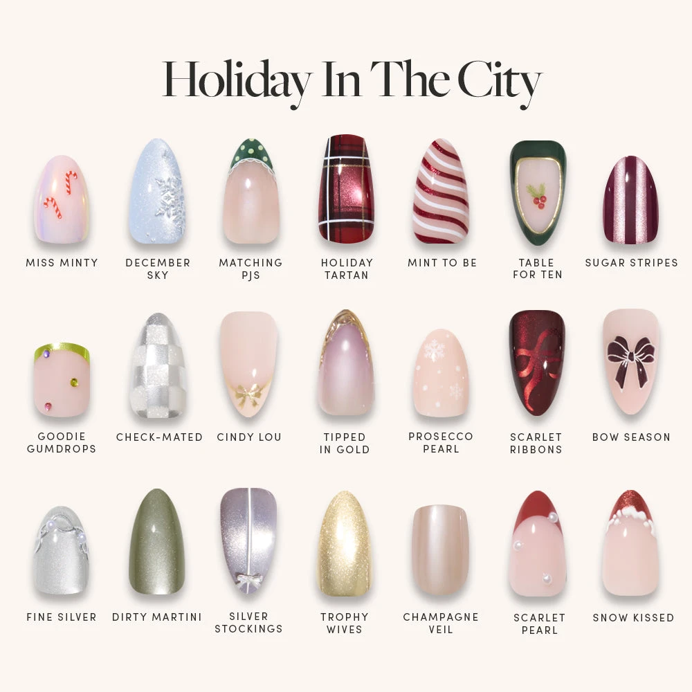 Holiday In The City nail menu: all twenty-one glue-on nail designs of the Glam In The City collection